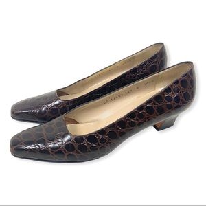 Ferragamo Brown Crocodile Print Low Heels